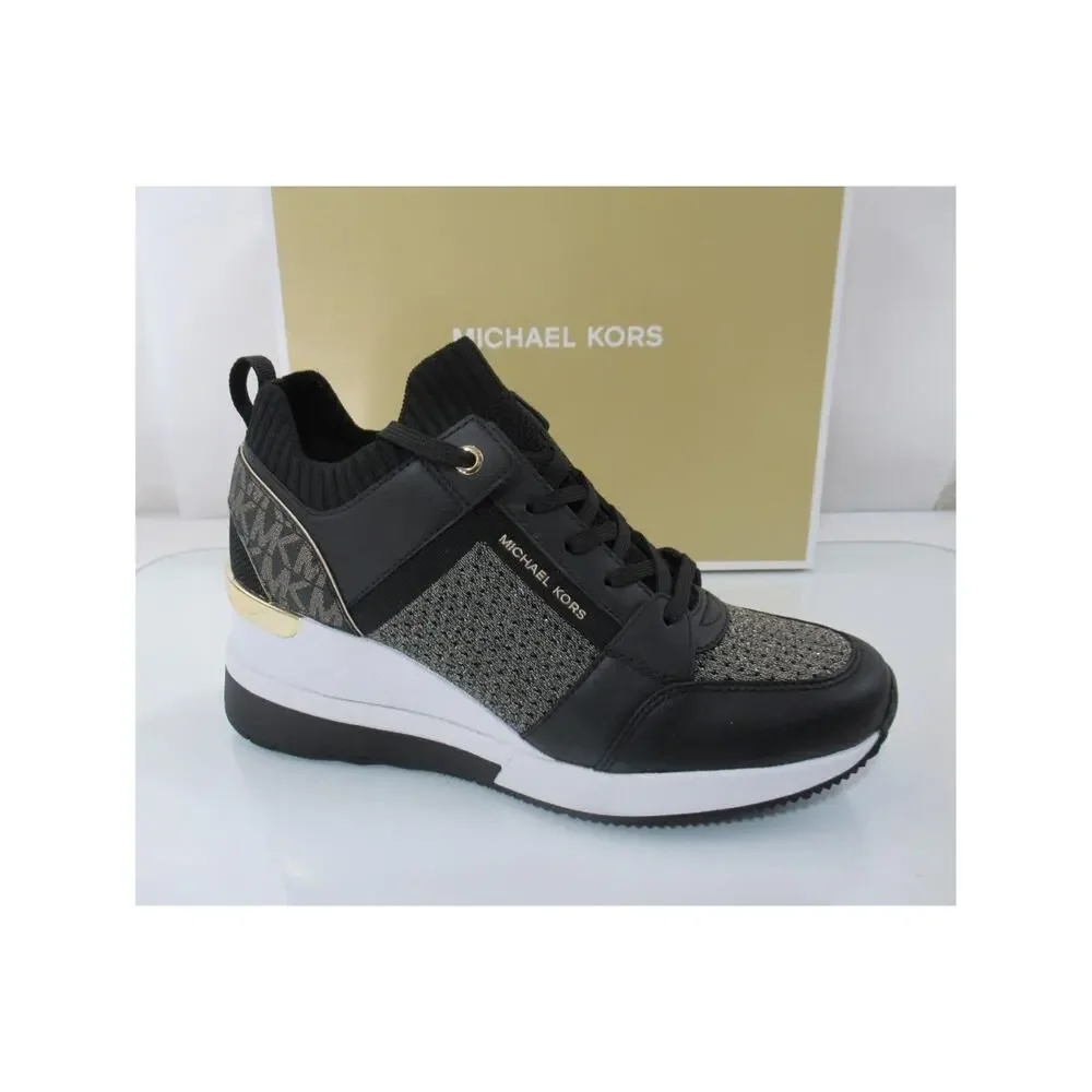 Michael Kors Georgie Knit Trainer Wedge Sneakers Laces MK Logo Black/Gold Size 8